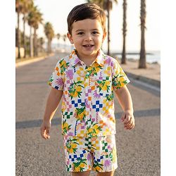 Babyhug Rayon Woven Half Sleeves Shirt & Shorts Co-ord Set With Tropical Print - White