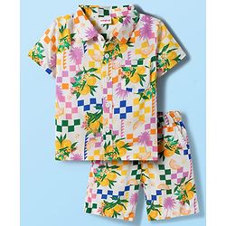Babyhug Rayon Woven Half Sleeves Shirt & Shorts Co-ord Set With Tropical Print - White