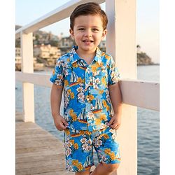Babyhug Rayon Woven Half Sleeves Floral Printed Shirt & Shorts Set - Blue