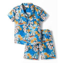 Babyhug Rayon Woven Half Sleeves Floral Printed Shirt & Shorts Set - Blue