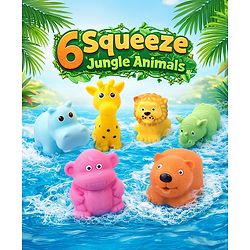 Babyhug Squeeze Bath Toy - Pack Of 6| Jungle Adventure Set With Giraffe, Hippo, Rhino, Bear, Monkey & Lion Characters| Perfect Gifting Toy| Non Toxic| BIS Certified