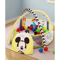 Babyhug Disney Baby 3-in-1 Play Gym with Ball Pit, Hanging Toys & Mickey Storage Pocket| 30 Colorful Balls| Flexible Arches| Foldable Mesh Arena| Sensory & Motor Skill Development| BIS Certified