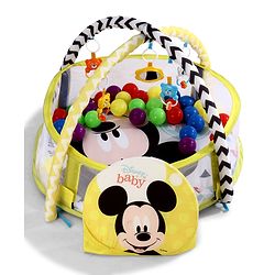 Babyhug Disney Baby 3-in-1 Play Gym with Ball Pit, Hanging Toys & Mickey Storage Pocket| 30 Colorful Balls| Flexible Arches| Foldable Mesh Arena| Sensory & Motor Skill Development| BIS Certified