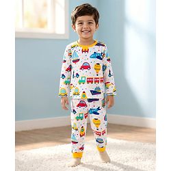 Babyhug Cotton Knit Full Sleeves Co-ords T-Shirt Style & Jogger Set With Vehicle Print - White
