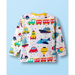 Babyhug Cotton Knit Full Sleeves Co-ords T-Shirt Style & Jogger Set With Vehicle Print - White