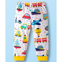 Babyhug Cotton Knit Full Sleeves Co-ords T-Shirt Style & Jogger Set With Vehicle Print - White
