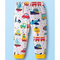 Babyhug Cotton Knit Full Sleeves Co-ords T-Shirt Style & Jogger Set With Vehicle Print - White