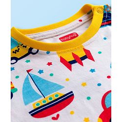 Babyhug Cotton Knit Full Sleeves Co-ords T-Shirt Style & Jogger Set With Vehicle Print - White