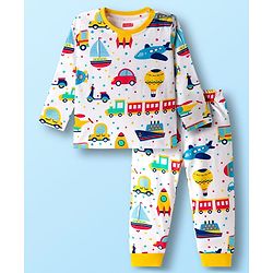 Babyhug Cotton Knit Full Sleeves Co-ords T-Shirt Style & Jogger Set With Vehicle Print - White