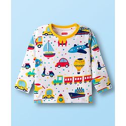 Babyhug Cotton Knit Full Sleeves Co-ords T-Shirt Style & Jogger Set With Vehicle Print - White