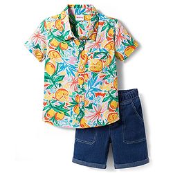 Babyhug Rayon Woven Half Sleeves Shirt & Denim Shorts Set With Tropical Print - Multicolor