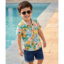 Babyhug Rayon Woven Half Sleeves Shirt & Denim Shorts Set With Tropical Print - Multicolor