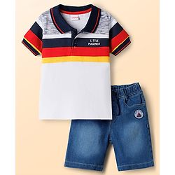 Babyhug Single Jersey Knit Half Sleeves Cut & Sew Polo T-Shirt & Denim Shorts Set with Nautical Theme Embroidery - Blue