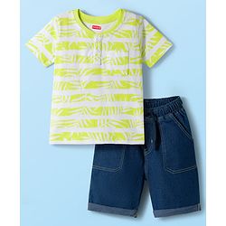 Babyhug Single Jersey Knit Half Sleeves T-Shirt & Denim Shorts Set with Leaf Print - Navy Blue
