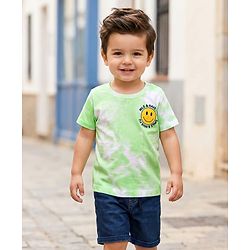 Babyhug Single Jersey Knit Half Sleeves T-Shirt & Shorts Set with Smiley Print - Light Green & Blue
