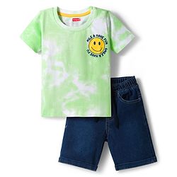 Babyhug Single Jersey Knit Half Sleeves T-Shirt & Shorts Set with Smiley Print - Light Green & Blue