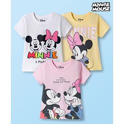 Babyhug Disney Single Jersey Knit Half Sleeves T-Shirts with Minnie & Friends Graphic Pack of 3 - Yellow White & Pink