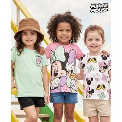 Babyhug Disney Single Jersery Knit Half Sleeves T-Shirt with Minnie & Friends Graphic Pack of 3 - Pink & Green