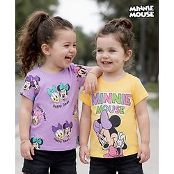 Babyhug Disney Single Jersey Knit Half Sleeves T-Shirt With Minnie & Mouse Friends Print Pack Of 2 - Lilac & Yellow