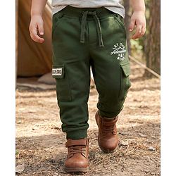 Babyhug Cotton Knit Full Length Lounge Pant With Text Print - Dark Green