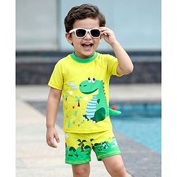 Babyhug Half Raglan Sleeves Dino Printed Two Piece Swimsuit - Yellow