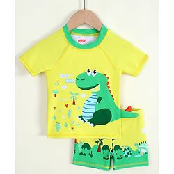 Babyhug Half Raglan Sleeves Dino Printed Two Piece Swimsuit - Yellow