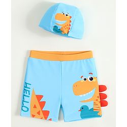 Babyhug Swimming Trunk with Cap & Dino Print - Light Blue