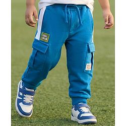 Babyhug Looper Knit Full Length Lounge Pant With Text Patch - Blue