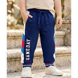 Babyhug Cotton Looper Knit Full Length Lounge Pant With Text Print - Navy Blue