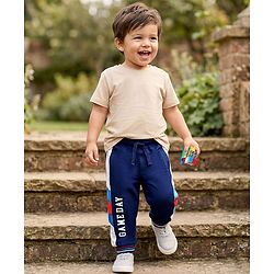 Babyhug Cotton Looper Knit Full Length Lounge Pant With Text Print - Navy Blue