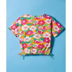 Babyhug Single Jersey Knit Half Sleeves Top & Denim Shorts Set With Floral Print - Orange & White
