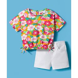 Babyhug Single Jersey Knit Half Sleeves Top & Denim Shorts Set With Floral Print - Orange & White