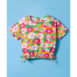 Babyhug Single Jersey Knit Half Sleeves Top & Denim Shorts Set With Floral Print - Orange & White