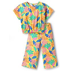 Babyhug Single Jersey Knit Half Sleeves Co-ords Top & Pant Set with Tropical Theme Print - Yellow