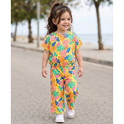 Babyhug Single Jersey Knit Half Sleeves Co-ords Top & Pant Set with Tropical Theme Print - Yellow