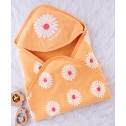 Babyhug Terry Knit Hooded Towel With Floral Print L 76 x B 76 cm - Gold