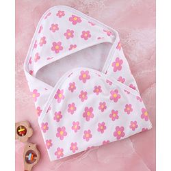 Babyhug Terry Knit Hooded Towel With Floral Print L 76 x B 76 cm - White