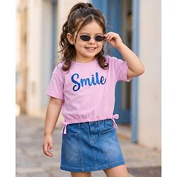 Babyhug Single Jersey Knit Half Sleeves Top & Denim Skirt Set With Smile Print - Pink & Blue
