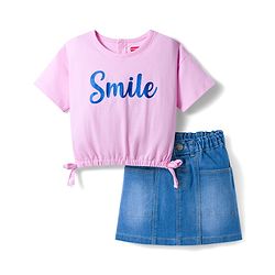 Babyhug Single Jersey Knit Half Sleeves Top & Denim Skirt Set With Smile Print - Pink & Blue