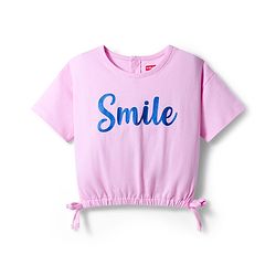 Babyhug Single Jersey Knit Half Sleeves Top & Denim Skirt Set With Smile Print - Pink & Blue