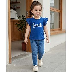 Babyhug Single Jersey Knit Frill Sleeves Top & Denim Jeans Set With Smile Print - Blue
