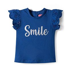 Babyhug Single Jersey Knit Frill Sleeves Top & Denim Jeans Set With Smile Print - Blue