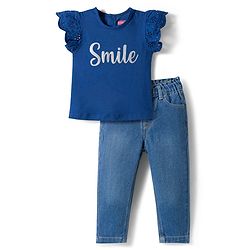 Babyhug Single Jersey Knit Frill Sleeves Top & Denim Jeans Set With Smile Print - Blue