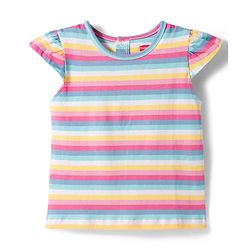 Babyhug Single Jersey Knit Frill Sleeves Striped T-Shirt & Dungaree with Butterfly Embroidery - Light Blue