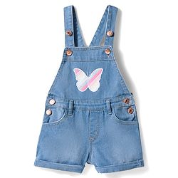 Babyhug Single Jersey Knit Frill Sleeves Striped T-Shirt & Dungaree with Butterfly Embroidery - Light Blue