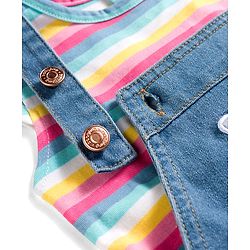Babyhug Single Jersey Knit Frill Sleeves Striped T-Shirt & Dungaree with Butterfly Embroidery - Light Blue