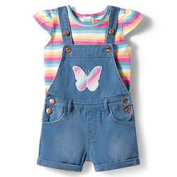 Babyhug Single Jersey Knit Frill Sleeves Striped T-Shirt & Dungaree with Butterfly Embroidery - Light Blue