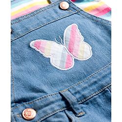 Babyhug Single Jersey Knit Frill Sleeves Striped T-Shirt & Dungaree with Butterfly Embroidery - Light Blue