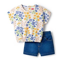 Babyhug Single Jersey Knit Half Sleeves Top & Denim Shorts Set With Floral Print - White & Blue