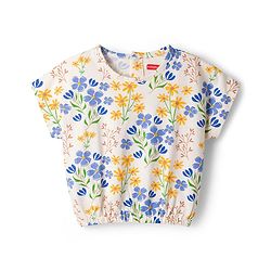 Babyhug Single Jersey Knit Half Sleeves Top & Denim Shorts Set With Floral Print - White & Blue